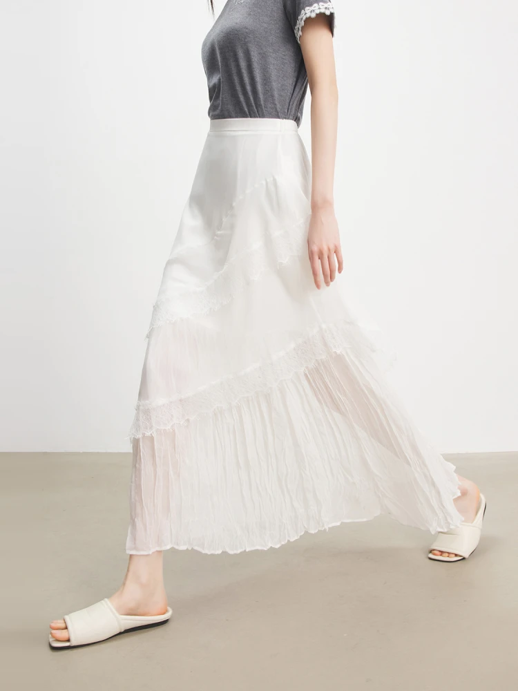 

Юбка-трапеция Annata White Lace Asymmetrical Cake Skirt женская длинная с высокой талией из полиэстера для повседневной носки, лето 2025