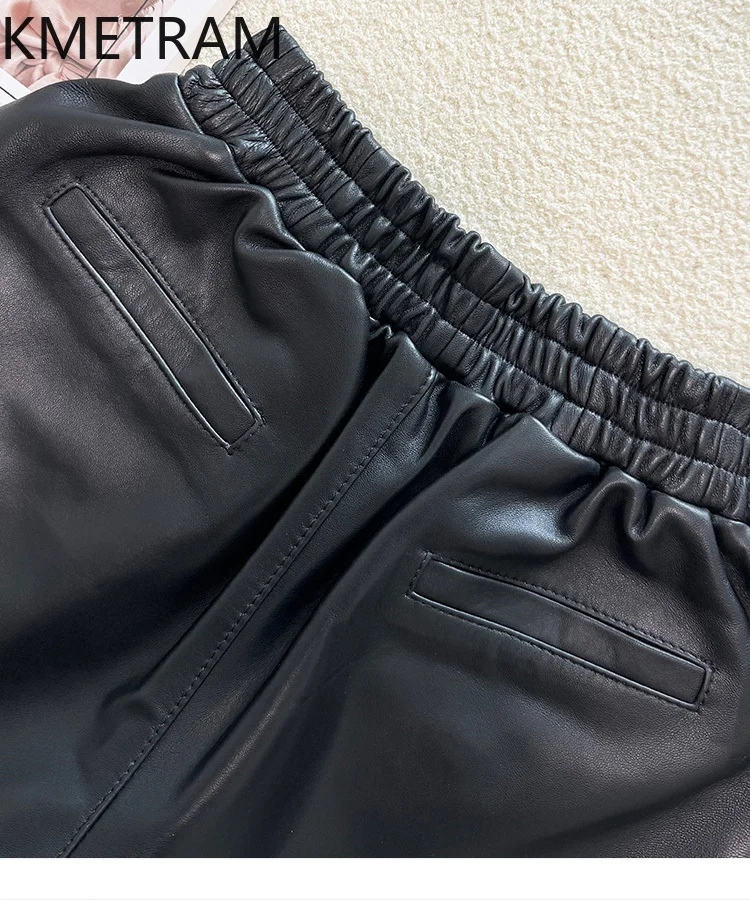 KMETRAM 여성용 100% 탑 레이어 양피 반바지 정품 가죽 미니 와이드 레그 쇼트 2025 가을 여성 의류 шорты женские