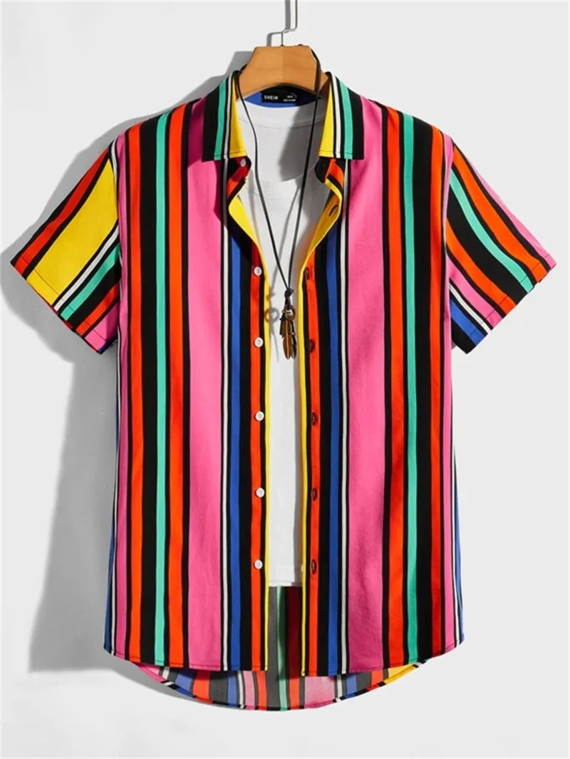 Summer Colorful Stripe Shirts Men's Hawaiian Casual Top Fashion Design Twisted Stripe Clothing Men's Street Outdoor Shirt