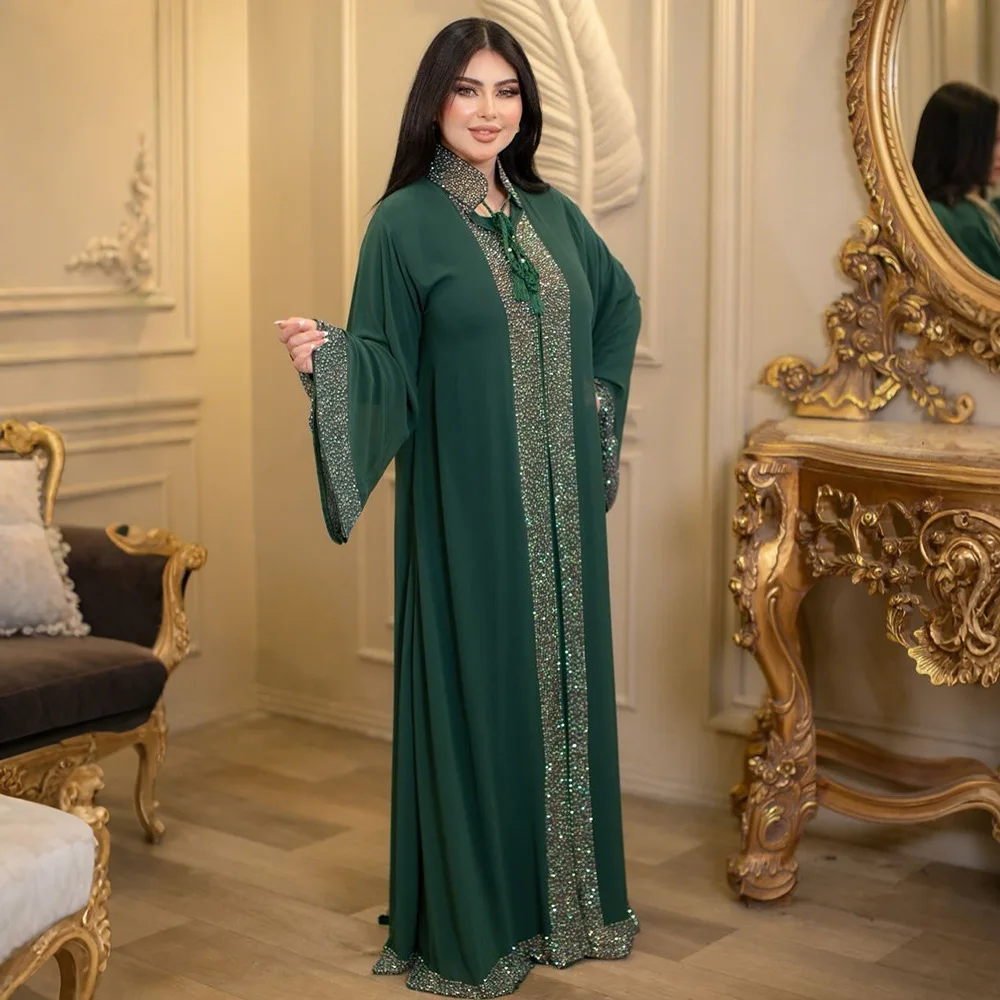 

Dubai Diamonds Kimono Abayas Inner Dress 2pcs Set for Women Dresses Kaftan Turkey Ramadan Musulmane Femme Robe Islam Jalabiya