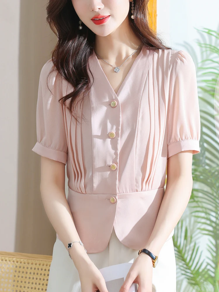 

Solid Short Sleeve Shirt 2025 Summer New Slim Cardigan Top Casual Single-breasted Shirts For Women