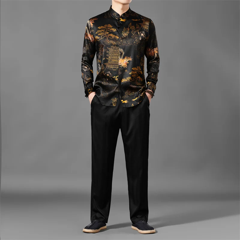 

Covered Button Silk Blends Shirts For Men Long Sleeve Print Cool Summer Quality Skin-Friendly Smooth Easy Care Camisas De Hombre