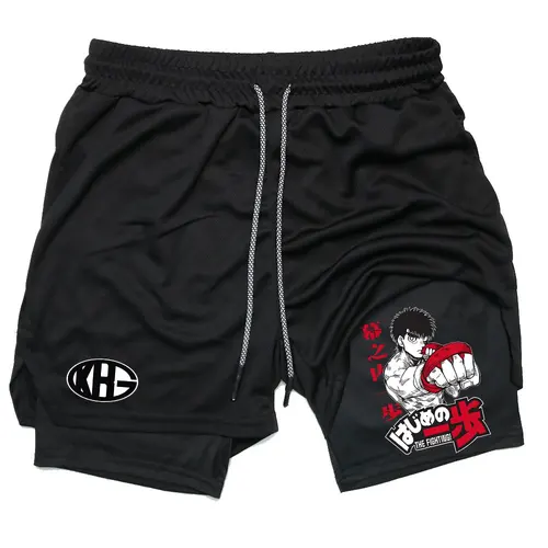 Imagen 2 del producto Pantalones cortos de compresión Anime IPPO para hombres, entrenamiento de gimnasio, correr, atletismo, pantalones cortos de rendimiento 2 en 1 con bolsillos, ropa deportiva