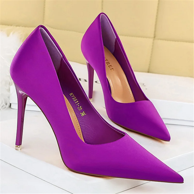 Women 7.5cm 10.5cm High Heels Scarpins Silk Pumps Lady Green Purple Red Fetish Wedding Bridal Mid Low Heels Evening Party Shoes