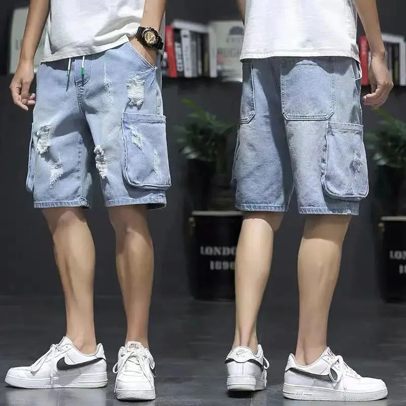 Summer Ripped Denim Shorts Men's Trendy Loose Middle Pants Teen Casual Five-point Pants 2025