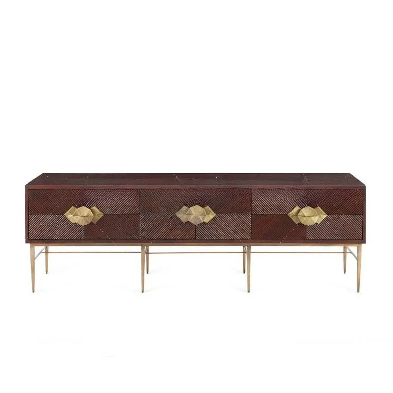 American rural neoclassical solid wood TV cabinet, metal stainless steel entrance cabinet living room