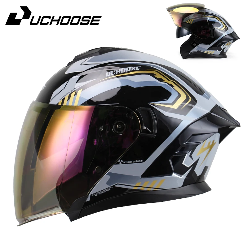 

Мотоциклетный шлем открытого типа для мужчин и женщин, с двойным визором, солнцезащитный экран, легкий, для скутера, велосипеда, ретро, 3/4 шлем