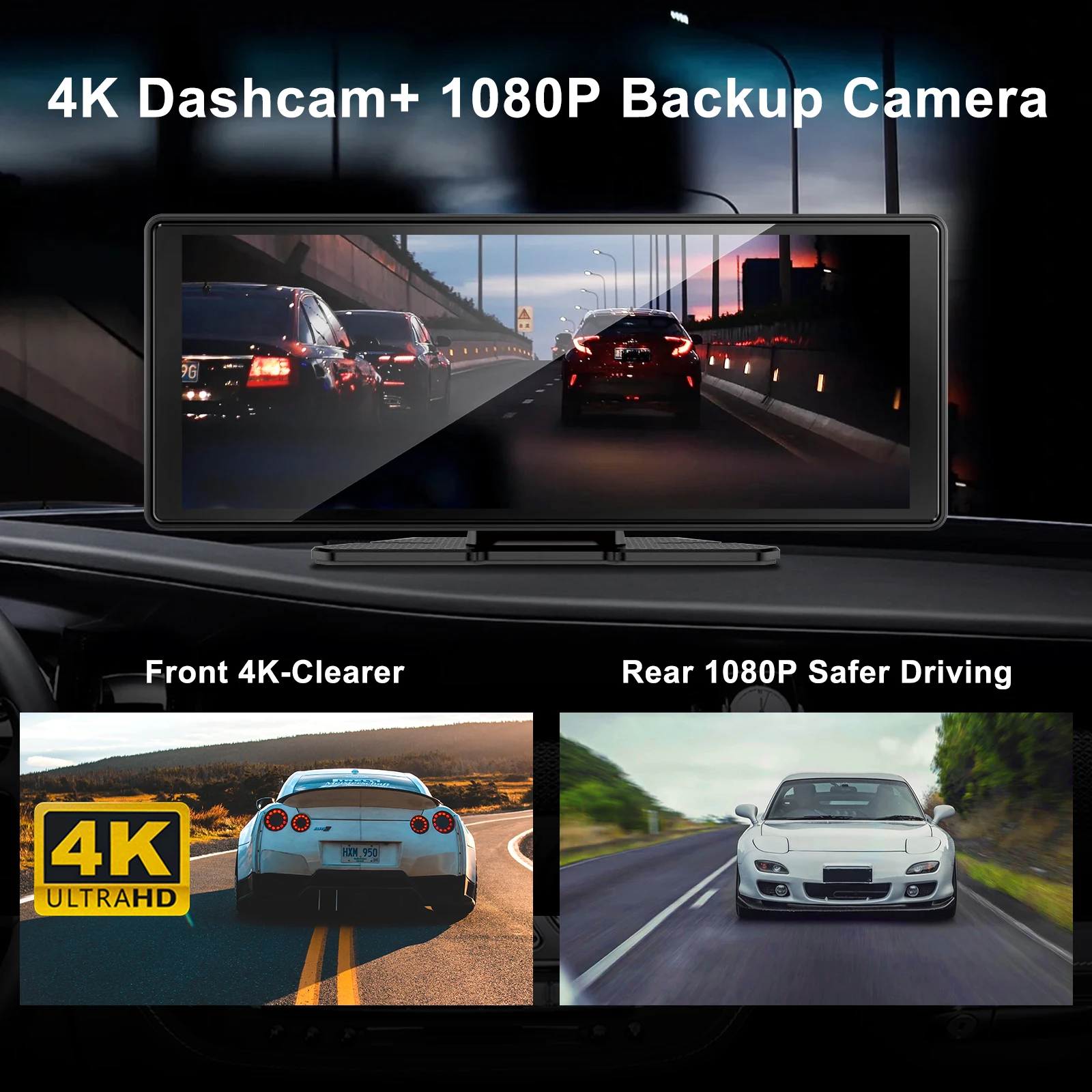 كاميرا داش 10.26 بوصة 4K لاسلكية، تدعم CarPlay Android Auto Portable Screen Dashboard Recorder، التوصيل والتشغيل