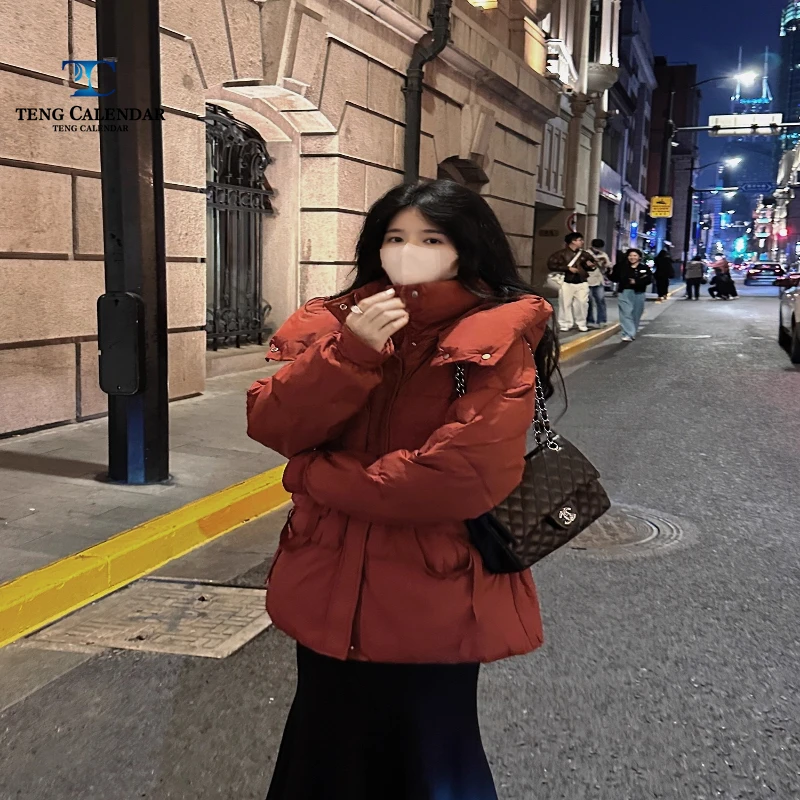 الشتاء النسخة الكورية سترة فضفاضة أسفل، النبيذ الأحمر الصغيرة للأطفال قصيرة مقنعين سميكة الدافئة الخصر التخسيس سترة،