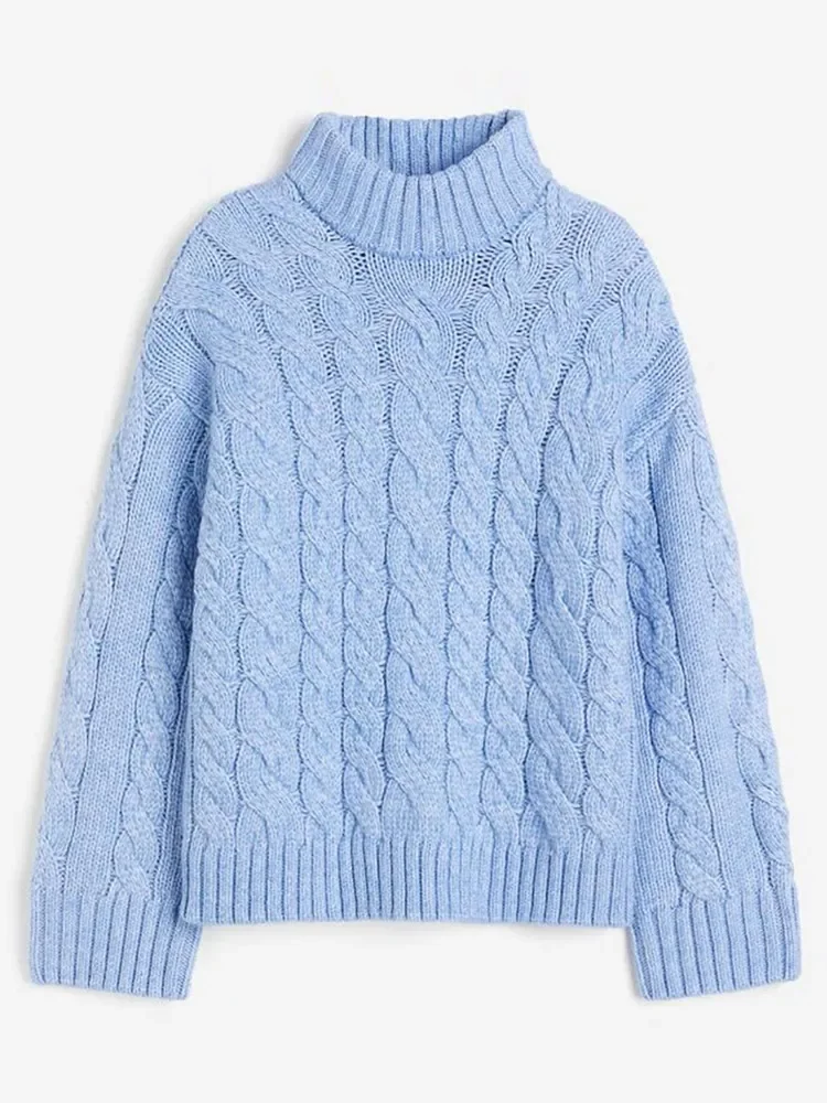 Casual Blue High Neck Loose Knit Pullover Women Chic Long Sleeve Thicken Short Sweater 2024 Winter New Lady Street Knitwear Top