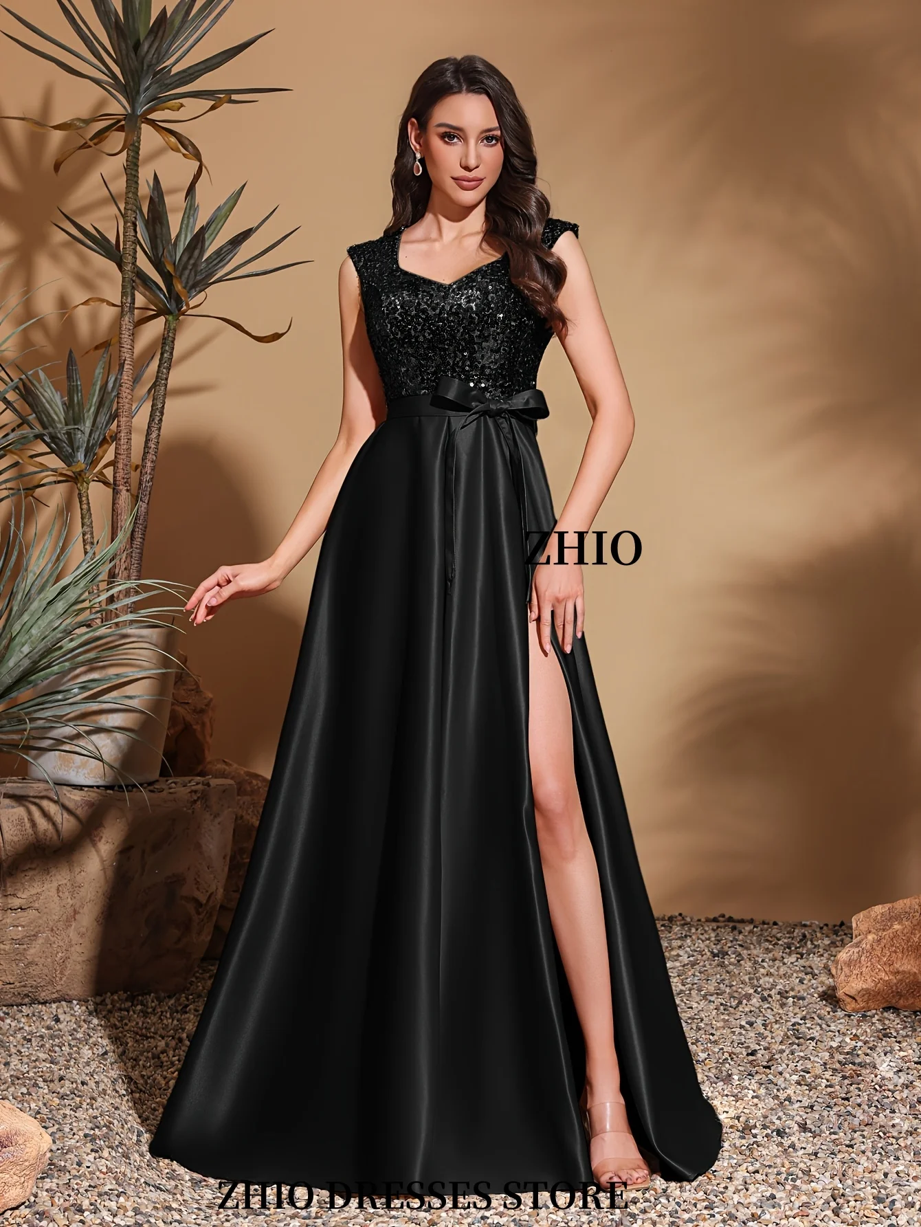 ZHIO женское стильное элегантное черное платье с v-образным вырезом и блестками без рукавов, подходит для свадебной вечеринки, официального мероприятия по индивидуальному заказу
