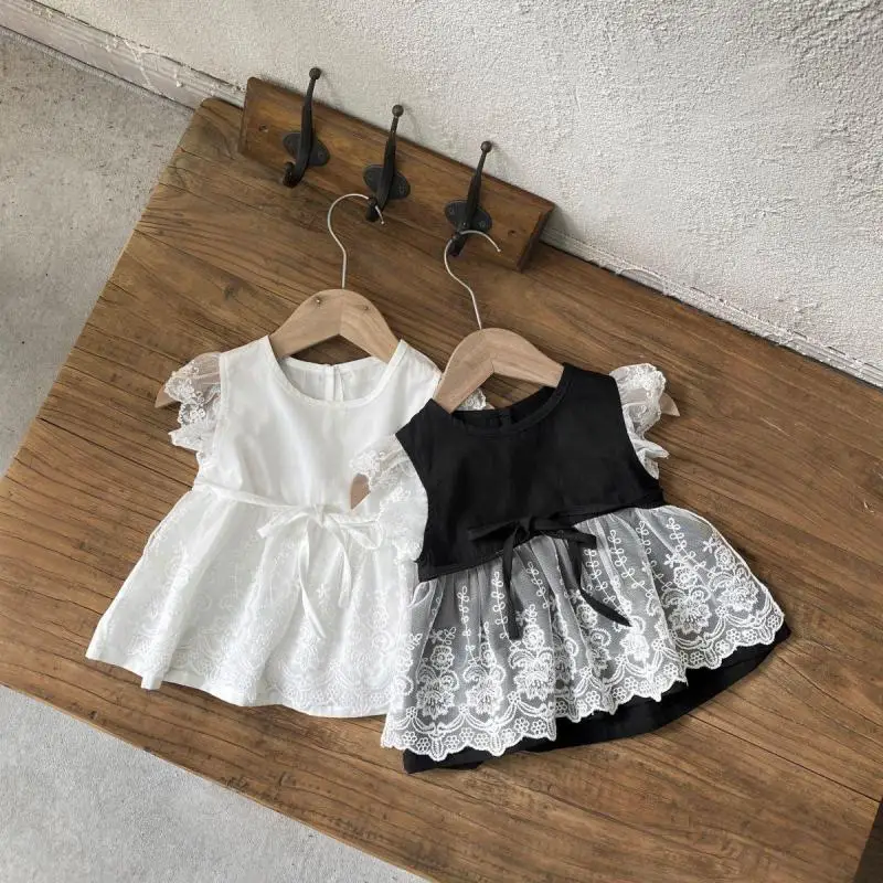 2026 Summer New Baby Girl Flying Sleeve Lace Dress Cotton Girls Cute Princess Dress Solid Infant Sweet Dress Toddler Clothes