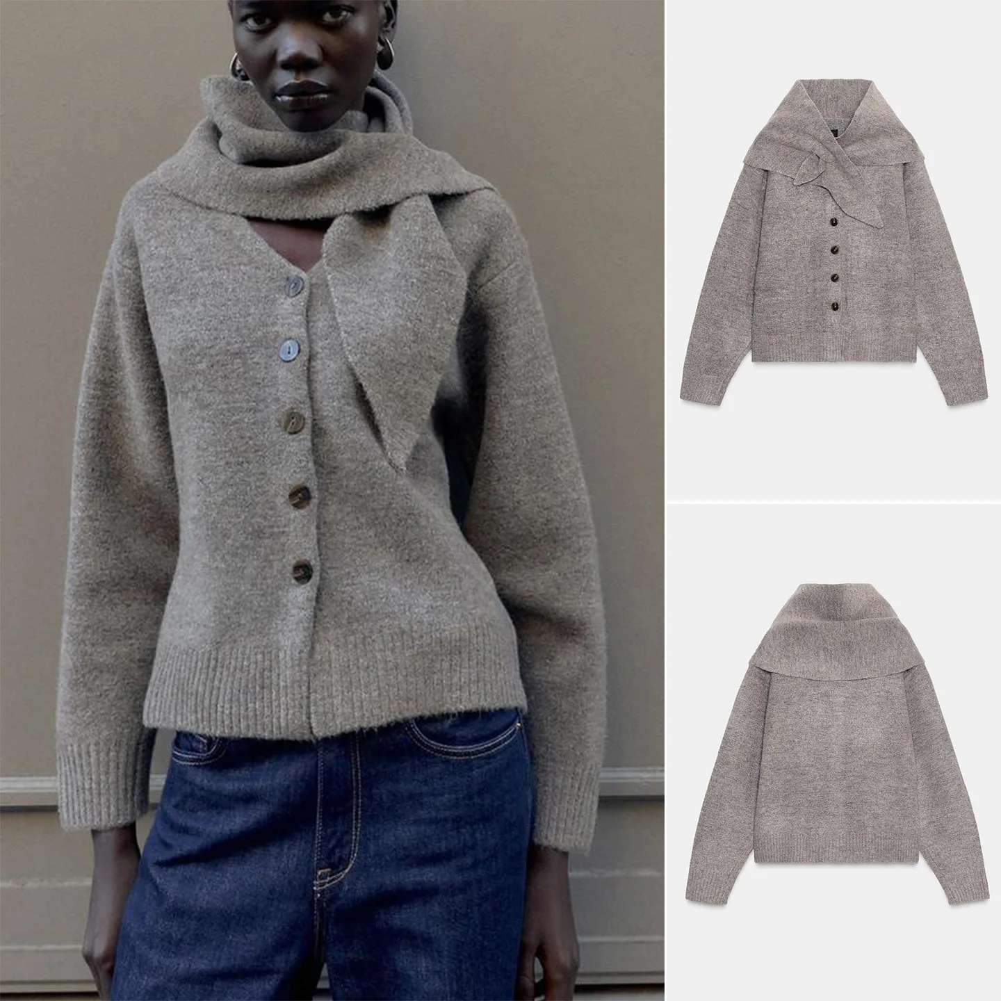 

Осень-зима, Новое поступление, женское свободное вязаное пальто с V-Ne Long Sve и шарфом, однорядное, с несколькими пуговицами, 575524