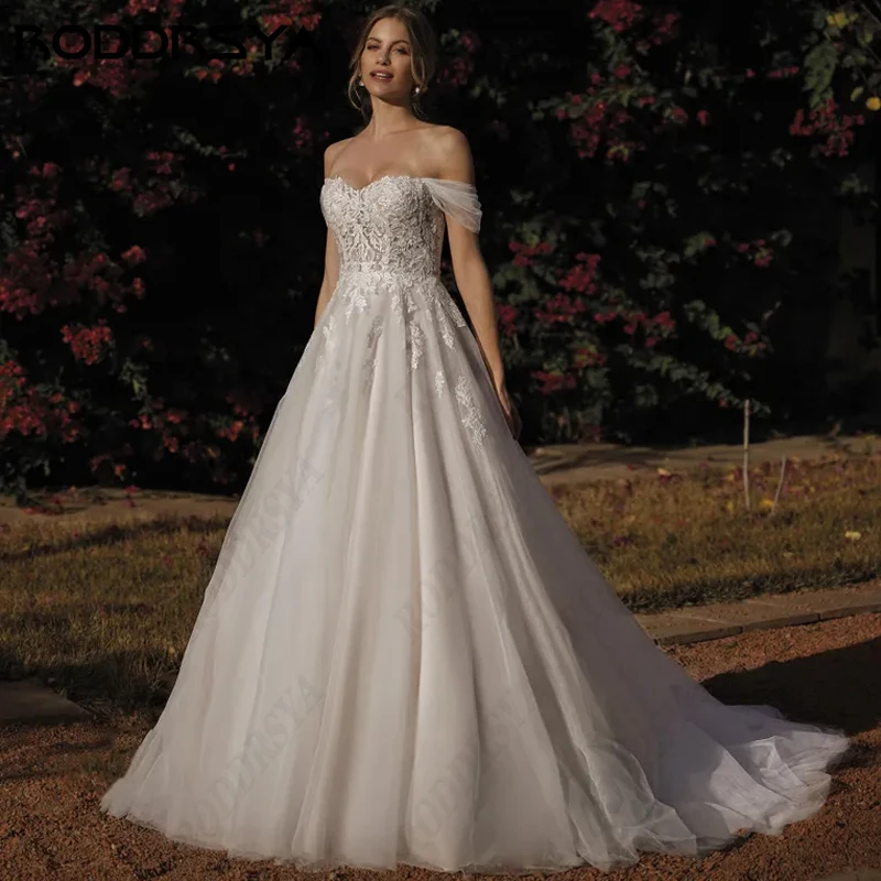 RODDRSYA-vestido de novia con escote corazón y hombros descubiertos para mujer, elegante vestido de novia de línea a de tul, Sexy, sin espaldavestido de novia con escote corazón y hombros descubiertos para mujer, elega