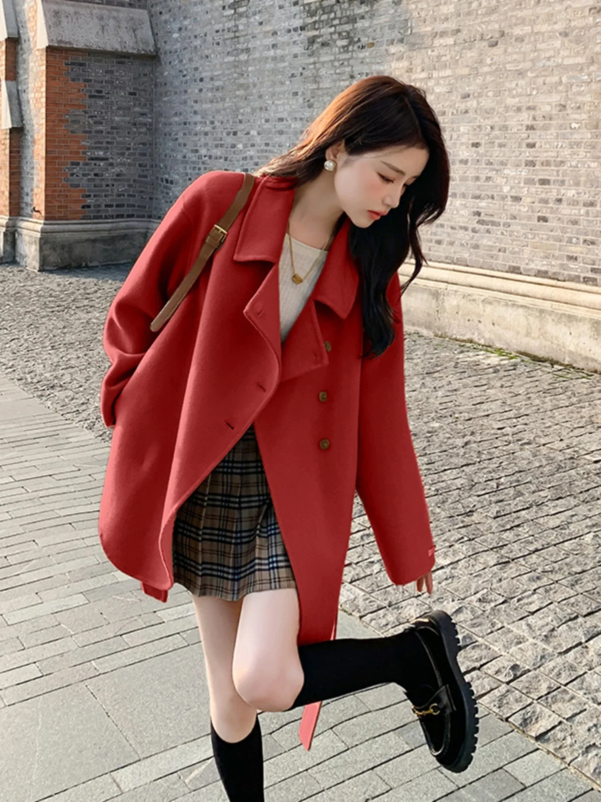 카키색 양면 카메레 티엔드 울 코트 여성용 스몰 사이즈 고급 한국 스타일 출퇴근용 단색 코트