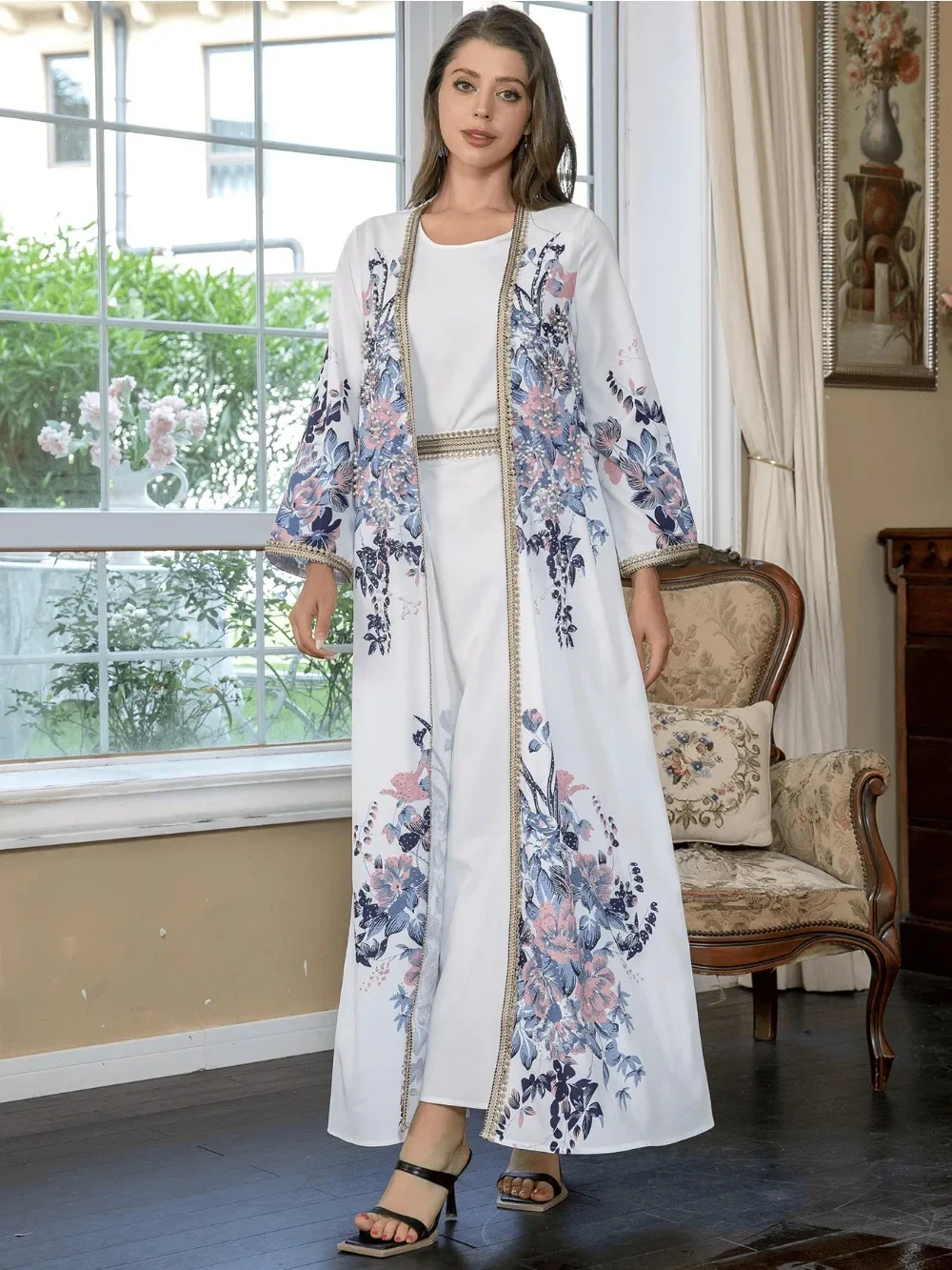 Eid Muslim Abaya for Women Flower Print Dresses Moroccan Kaftan Ramadan Dubai Abayas Party Vestidos Arab Long Robe Jalabiya 2024