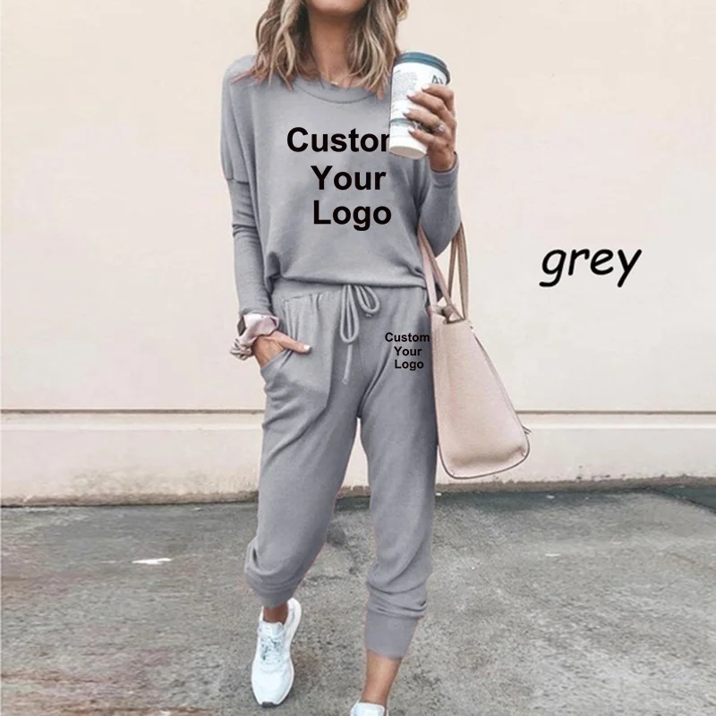 New Spring and Autumn Custom Your Logo Women\'s Suit Fashion Daily Home Wear Woman Round Neck Sweatsuit + Pants 2pcs Sets