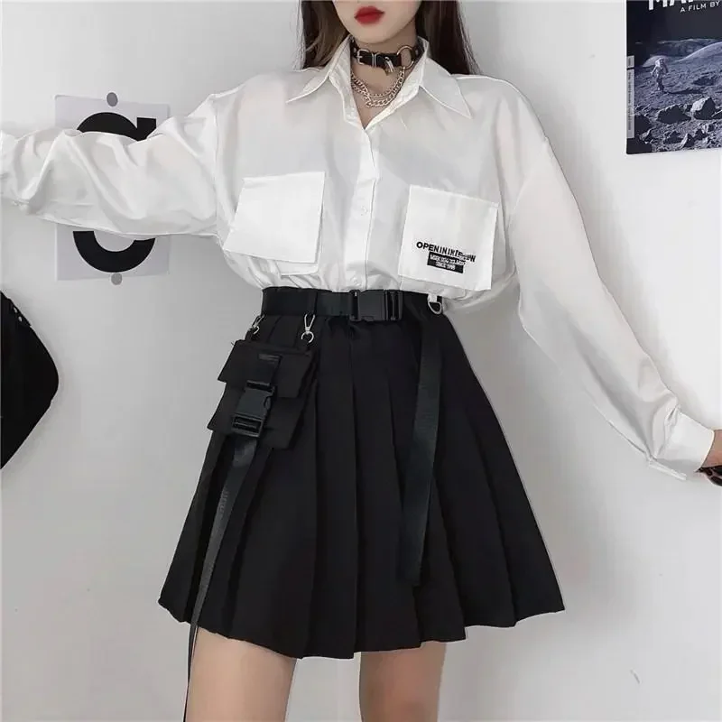 Summer Cargo Skirts with Pocket Women Dark Academy Uniform Harajuku Gothic Short Skirt Fashion Girl Emo Techwear Clothes