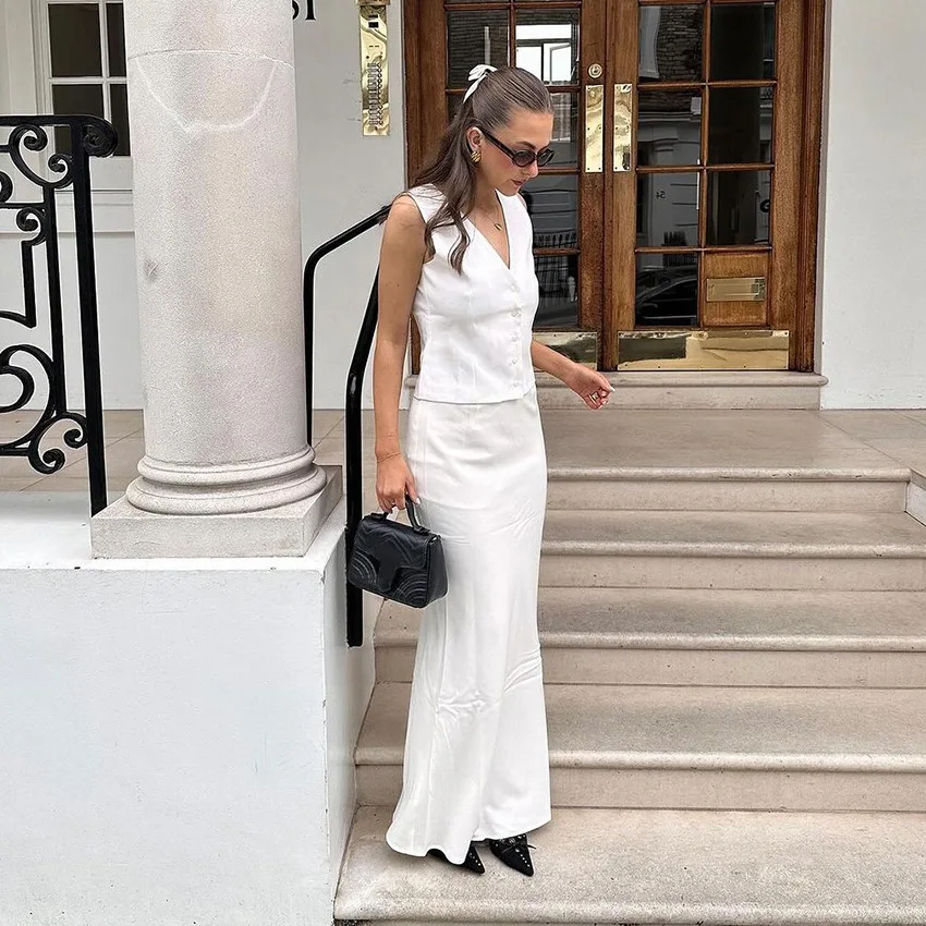 2025 الخريف الخامس الرقبة سترة مجموعة المرأة التنقل قميص أبيض تنورة طويلة قطعتين مجموعة #6