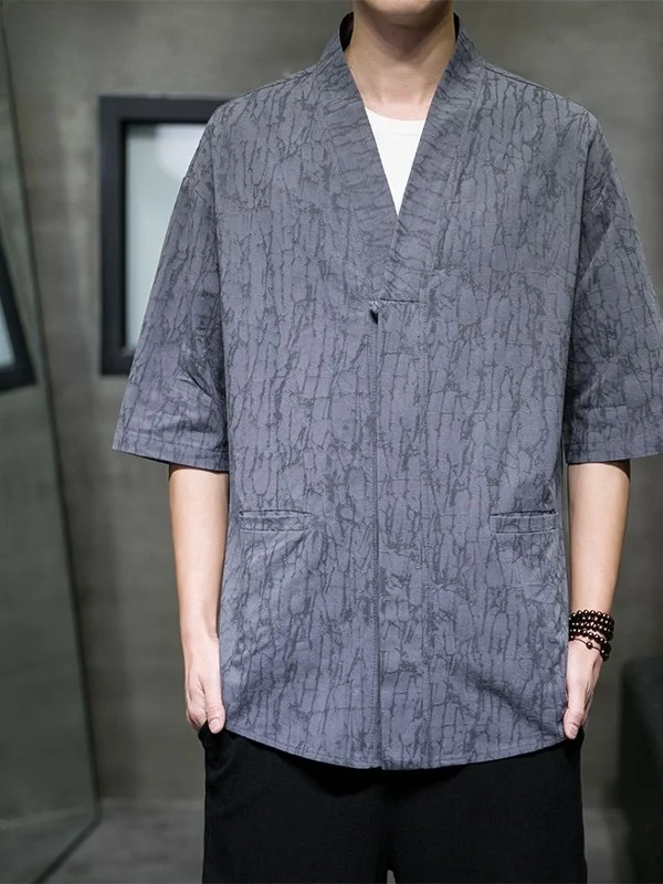 

Summer Thin V-Ne Hanfu irt Loose Fit ort Sve Chinese Sle Retro Men's irt f Sve Tea Ceremony Clothing