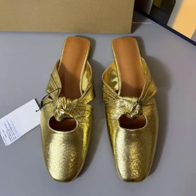 

Leisure Daily Summer Women Mules Sandals Trendy Square Toe Shiny Golden Luxury Designer Elegant Versatile Bow Ladies Shoes