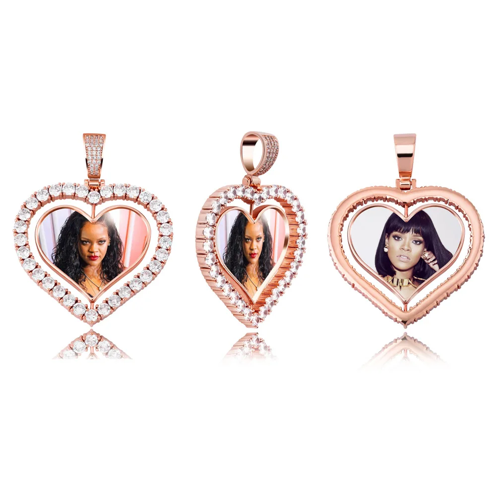 Rotatable Double Sided Heart Photo Pendant Custom CZ Memory Picture Frame Necklace Hip Hop DIY Personalized Jewelry Men Women