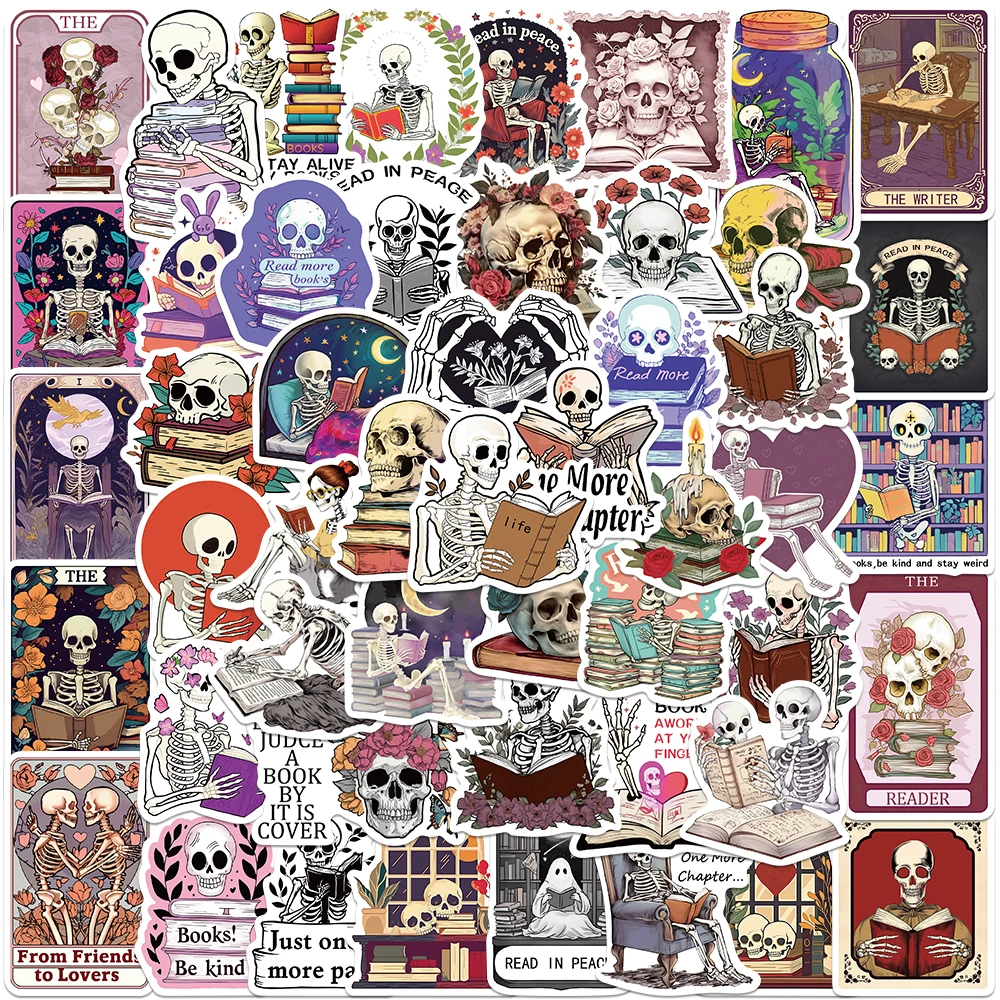 50pcs Funny Retro Aesthetic Skull Book Reader Stickers For Laptop Water Bottle Luggage Notebook Waterproof Graffiti Vinyl Decals