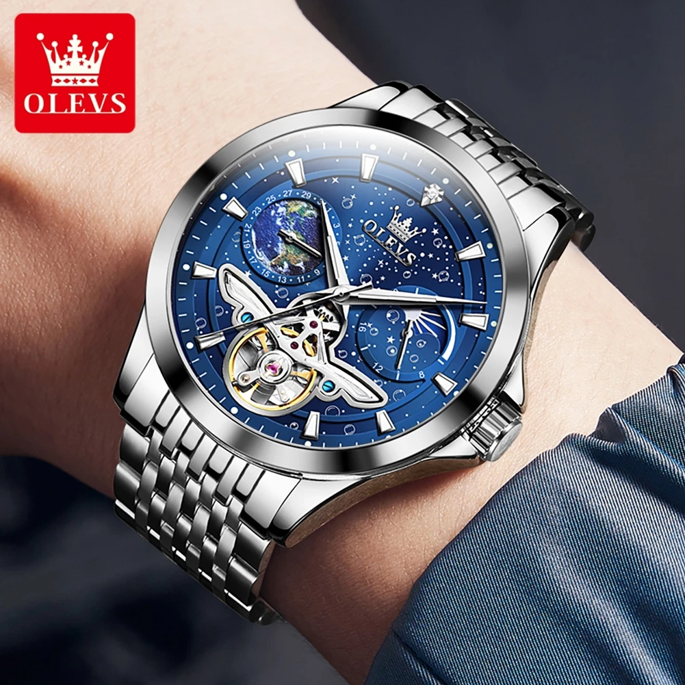 OLEVS Tourbillon Men\'s Watch Luxury Brand Stainless Steel Waterproof Starry Sky Moon Phase dial Men\'s Automatic Mechanical Watch