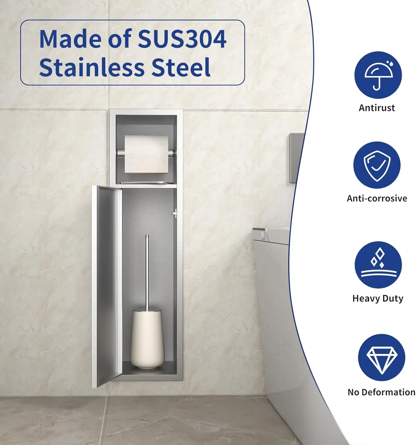 304 SUS Multi-functional Tissue Dispenser Trash Can Toilet Brush Holder Bathroom Concealed Recessed Niche Toilet Paper Holder