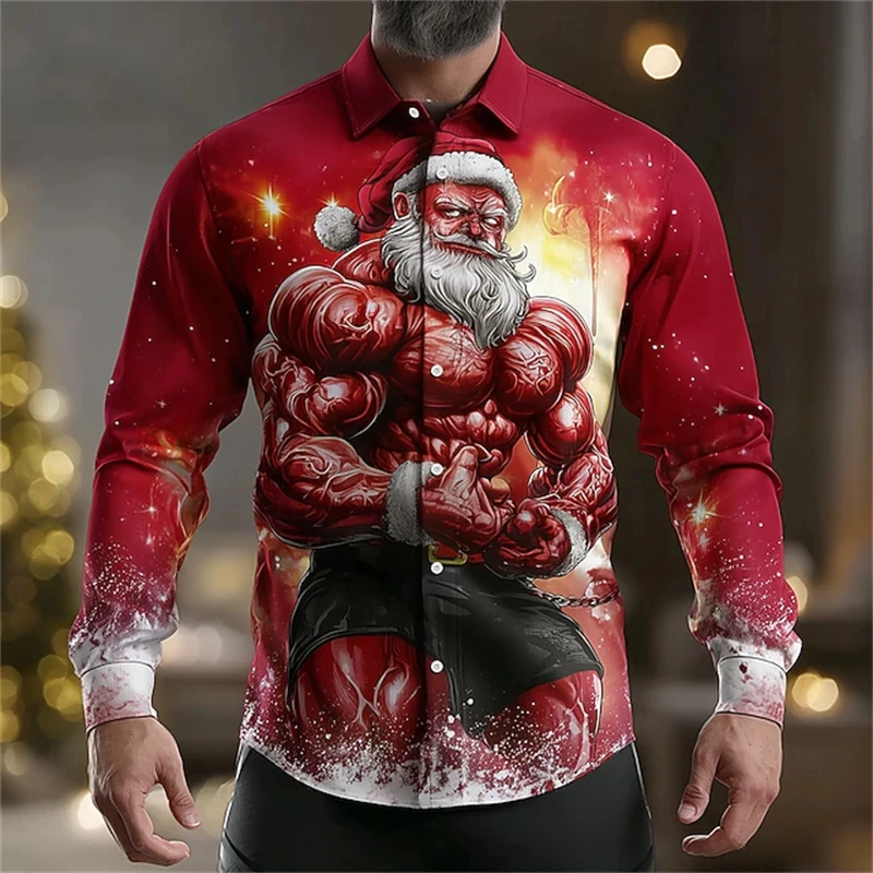 

New Christmas Men's Shirt Muscular Santa Print Long-Sleeve Shirt Fun Holiday Fall/Winter Collared Button-Down Shirt Red 5XL