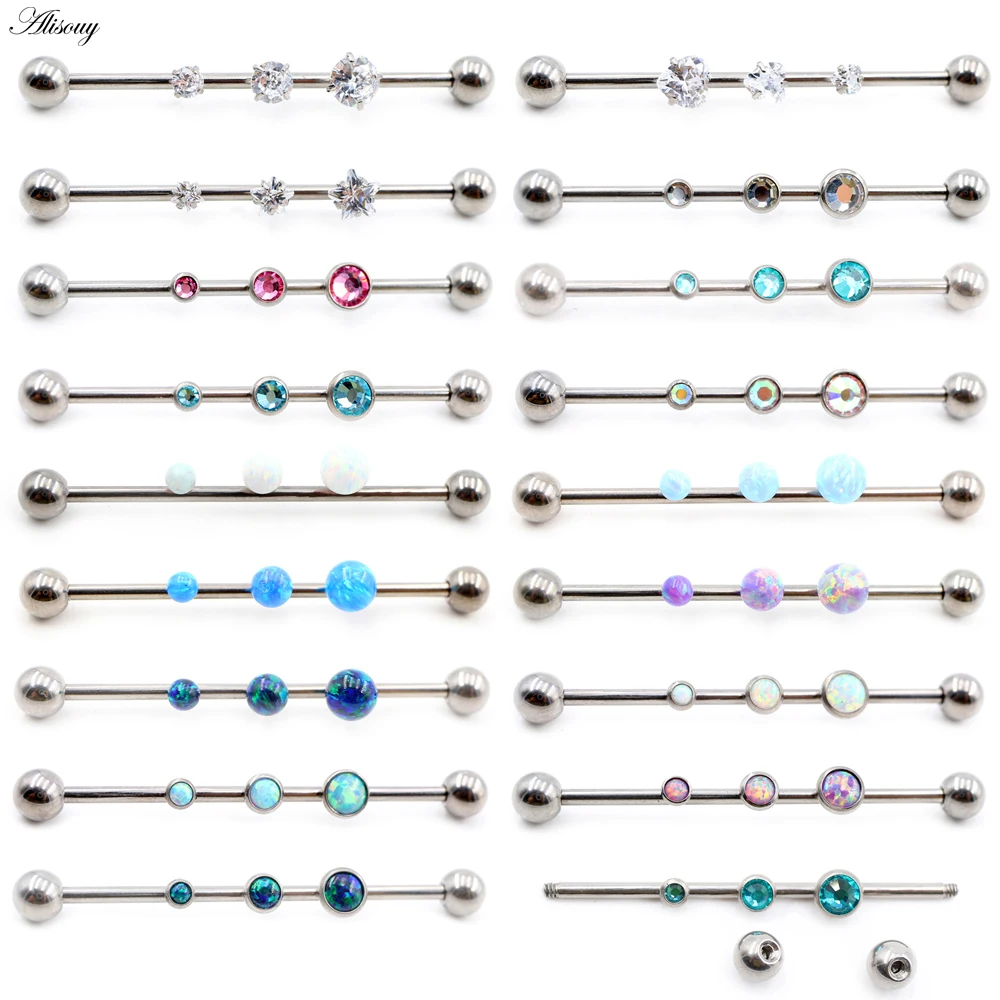 Alisouy 1PC Titanium Heart Star Zircon Opal Earring Piercing Industrial Barbell Bar Scaffold Ear Cartilage Helix Body Jewelry