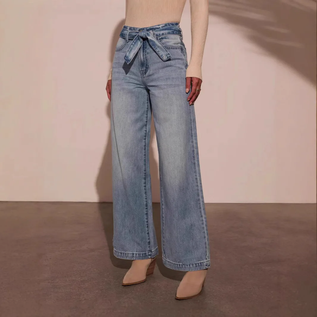 Women High-waisted Sashes Bleached Straight Wide-leg Jeans Denim Pants Fashion Casual Autumn Winter