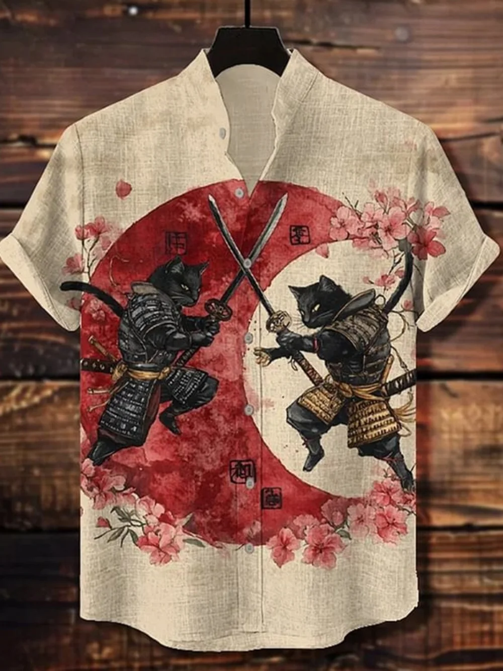 

Men's Casual Hawaiian Shirt Short Sleeve Stand up Collar Samurai Cat Print Outdoor Ink Style Men's Clothing