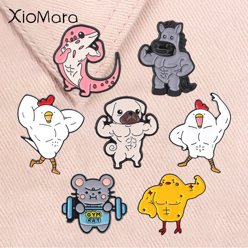 Cute Strong Muscle Animal Enamel Pins Bodybuilding Chicken Weightlifting Mouse Fitness Chick Brooches Lapel Bagde Jewelry Gifts