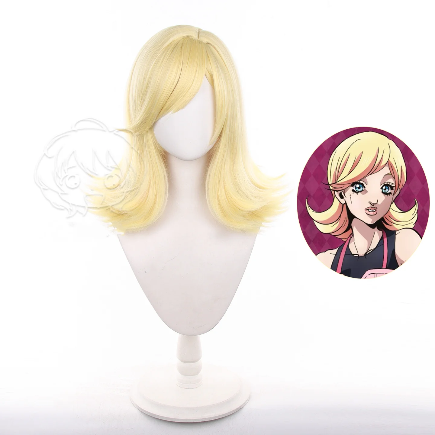 JJBA Lucy Steel Cosplay Wig Golden Blonde Short Synthetic Hair with Top Scalp Flipped Style Halloween Anime Show Wigs