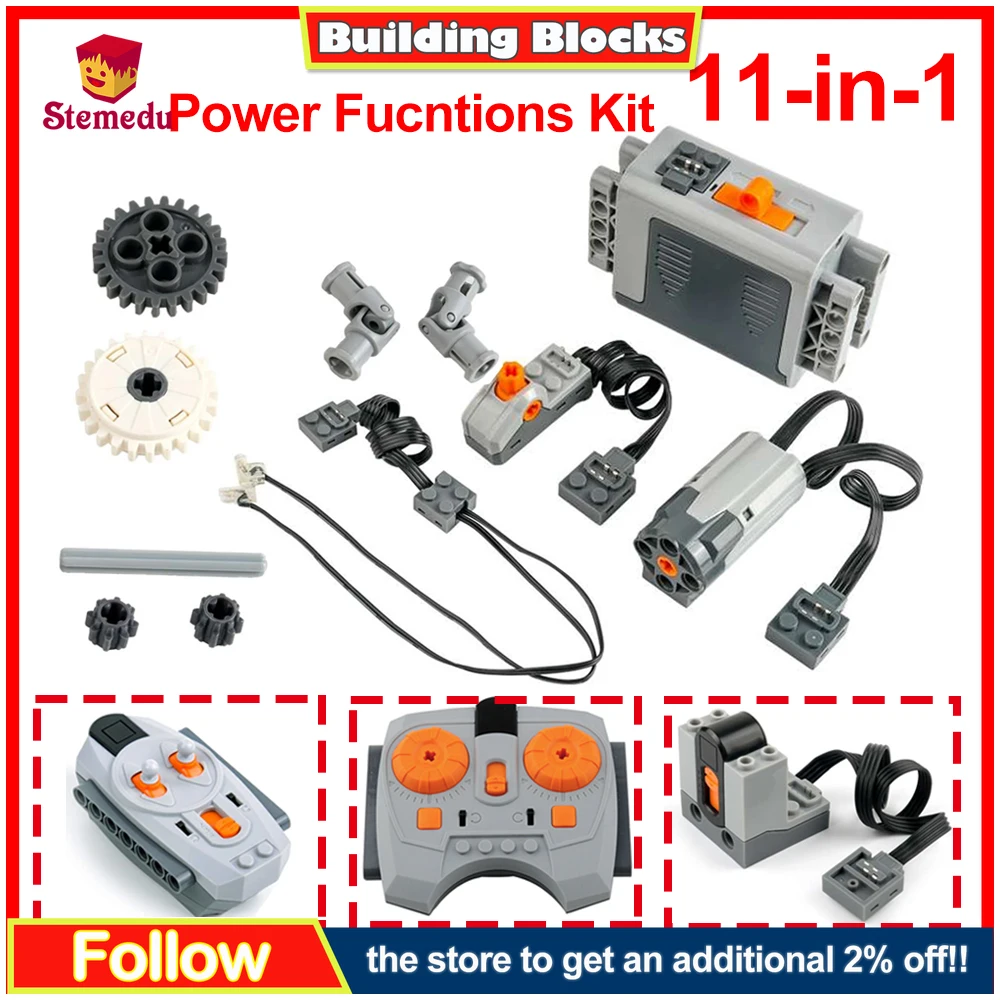 11-in-1 Technics-Motor-Kit , Power Functions Motor Set with M Motor, LED Light Strip, Switch, AA Battery Box and Gears Axles