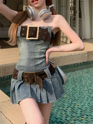 Sexy Denim Sheath Mini Party Dress Women Y2K Street Jeans Tube Backless Bodycon Vestidos with Belt Fashion Pleated Mini Skirt