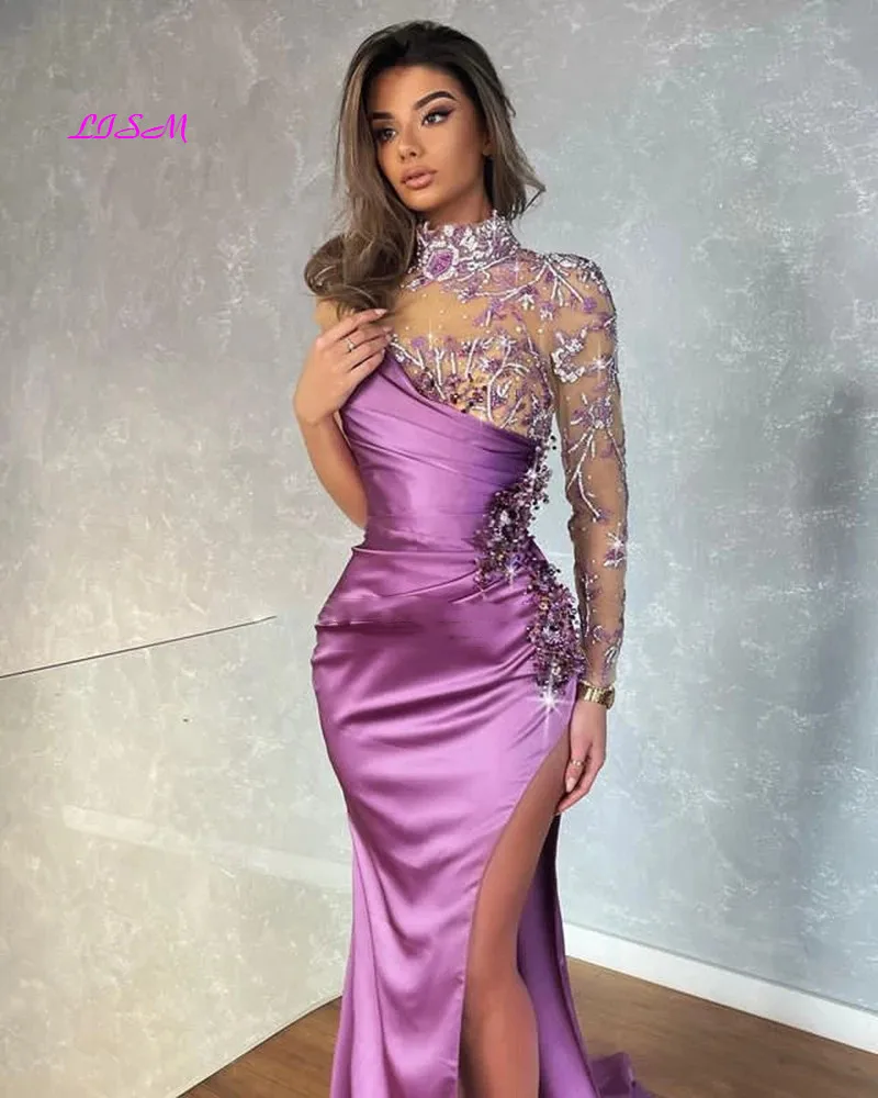 Mermaid Evening Dresses 2022 Arabic Sparkly Crystals Sequin High Slit Prom Gowns Party Dresses Plus Size Robes De Soirée