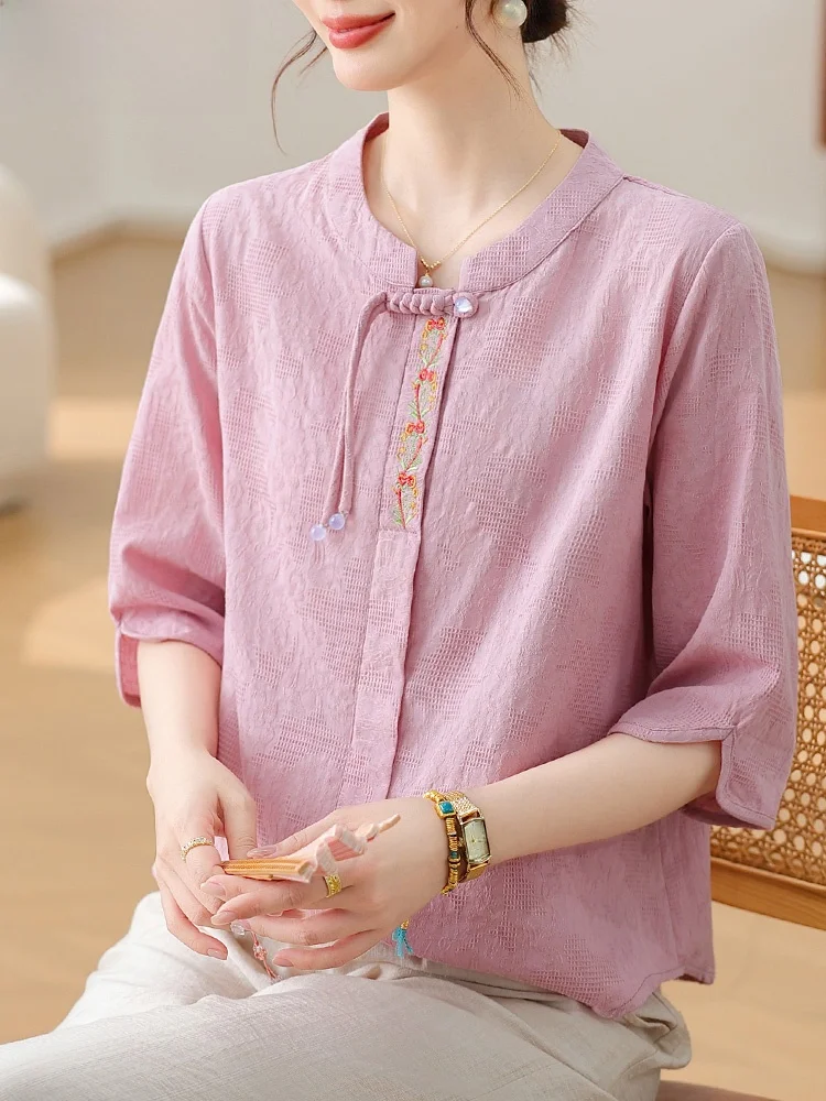 

Новая китайская летняя одежда из хлопка и льна для женщин среднего возраста, весенне-летний топ с рукавом три четверти