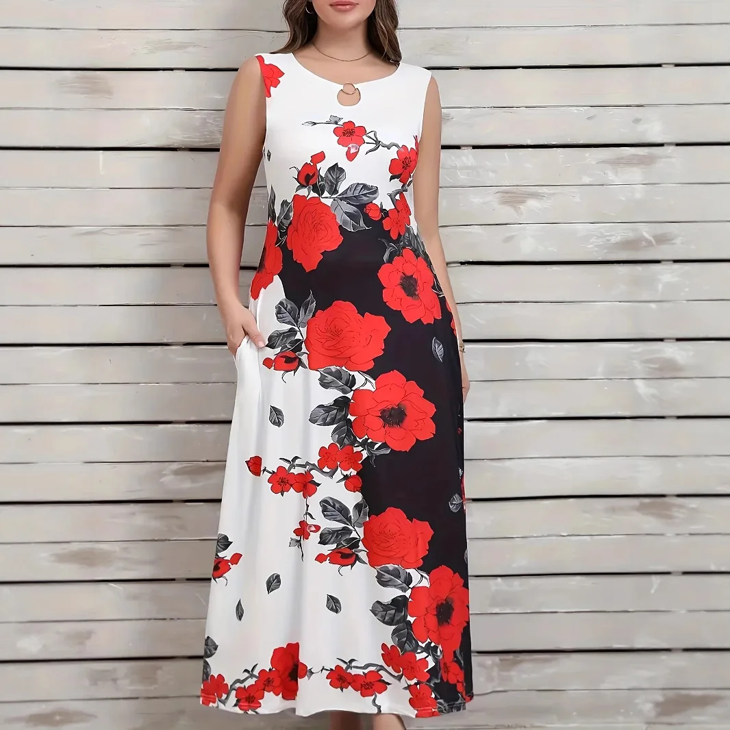 

Large summer new rose print sleeveless long skirt with round neck and hollowed out design pockets, loose and slimming dress