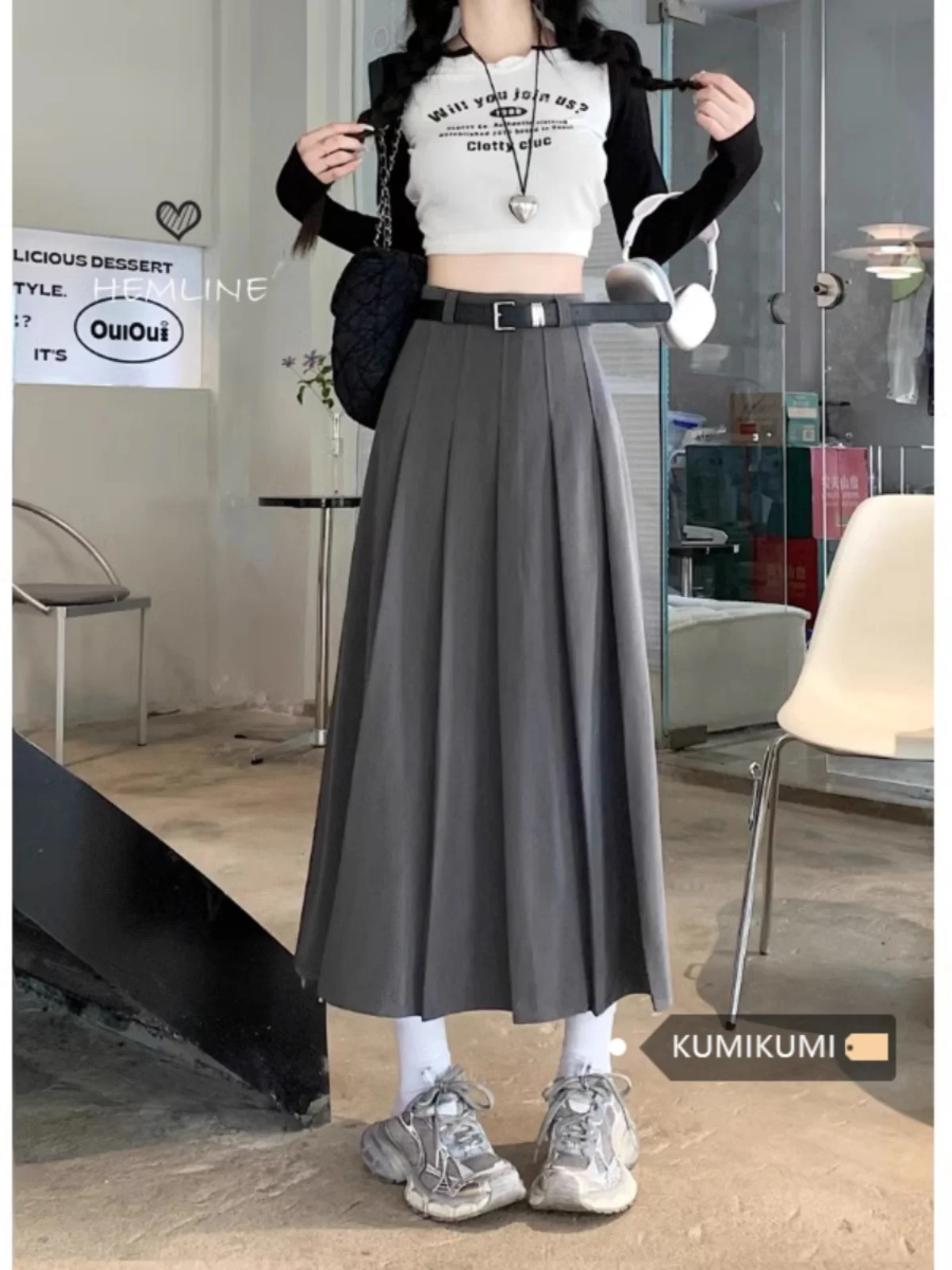 

American College Style Suit Skirt Half Skirt Women's Autumn Gray High Waisted A-line Skirt Umbrella Skirt Pleated Skirt Long