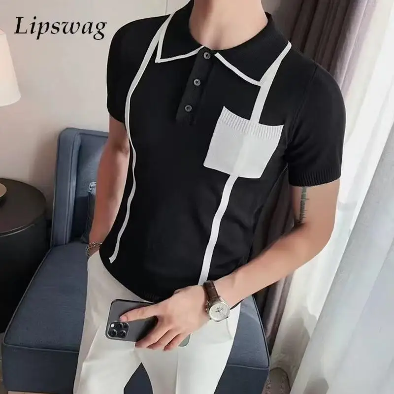 

Trendy Contrast Color Pocket Knitted Polos Mens Summer Casual Button Polo Collar Shirt Men Vintage Slim Short Sleeve Polo Shirts