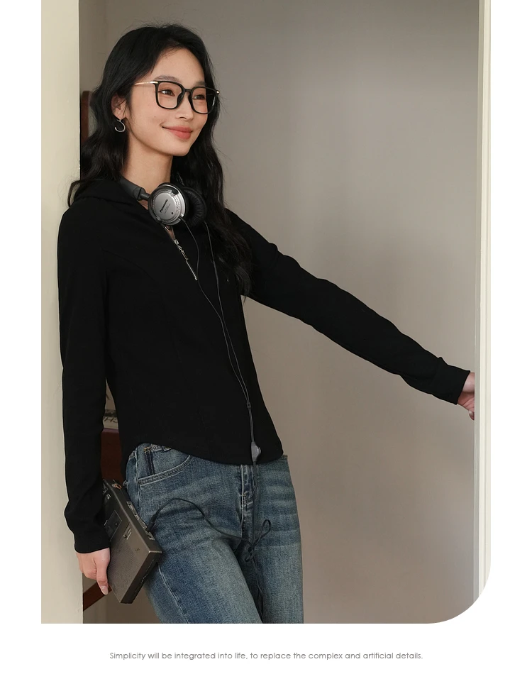 VIMLY Black Hoodies for Woman Hooded Sweatshirt 2025 Spring Women's Long Sleeve Top Half Zipper Pullover Female Clothes A1022