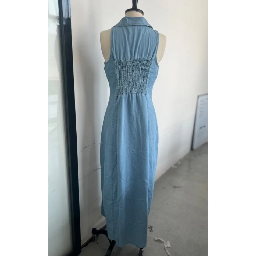 Modna sukienka koszulowa, jednorzędowa, bez rękawów, z klapami, długa sukienka damska, dopasowana, z wysokim stanem, sukienki na imprezę, sukienki biurowe dla kobiet, designerskie.