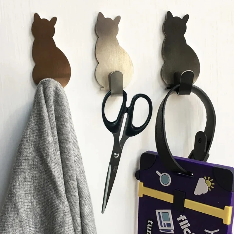 2PCS Creative Wall Mounted Key Hangerss Cat Shaped Nail Free Stainless Steel Hooks Adhesive Towel Coat Wall Mounted Hooks