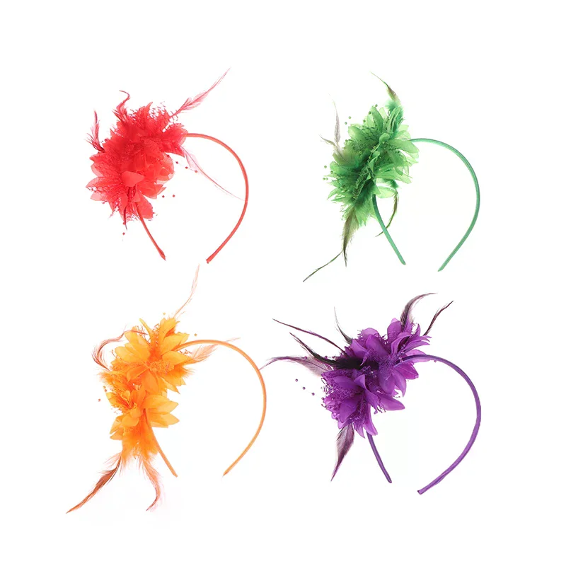 1Pcs Women Fascinator Hat Headband Flower Feather Mesh Yarn Cocktail Party Wedding Hair Accessories Head Decoration