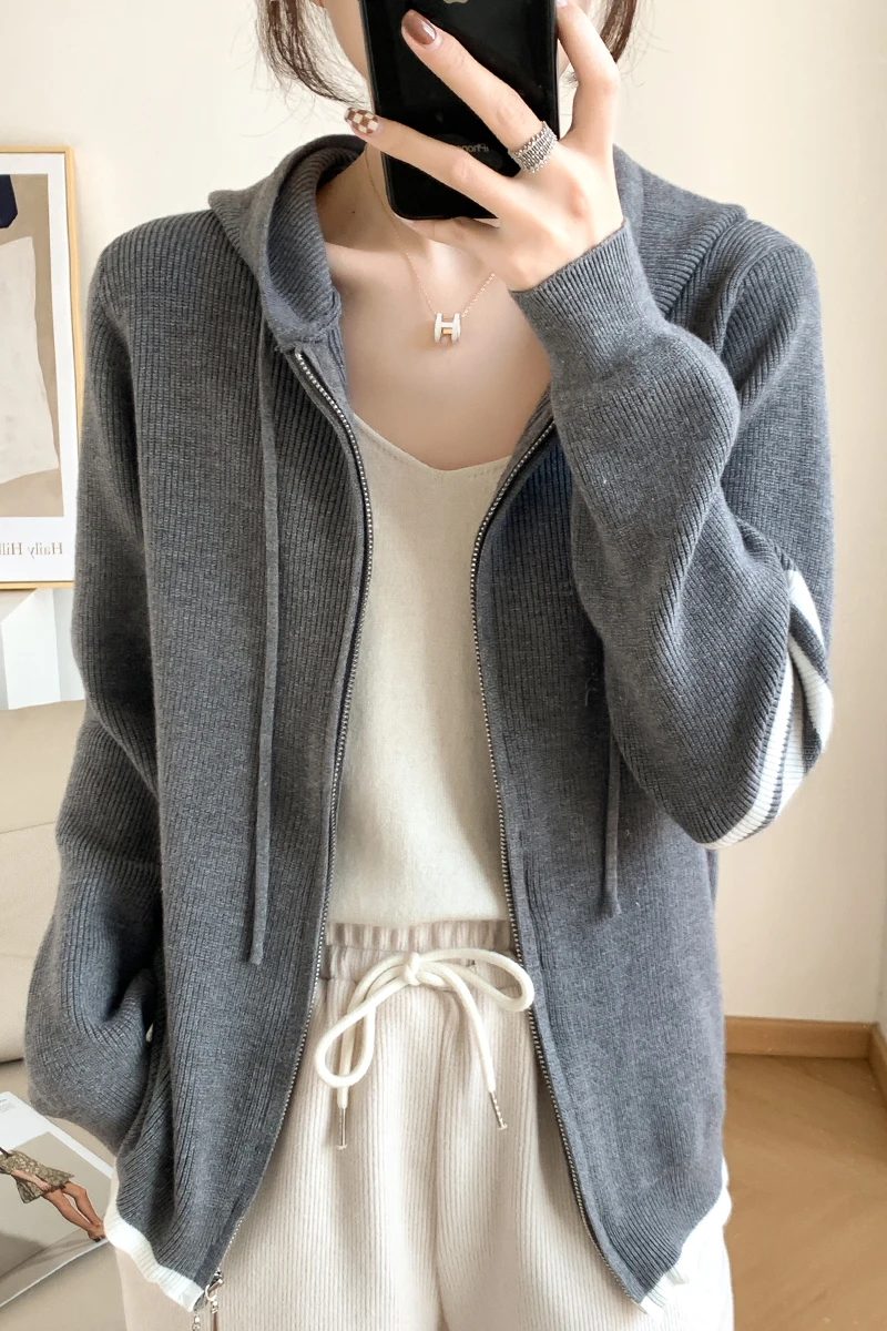 Women Cashmere Hooded Double Zip Cardigan Sweater Cardigan TB 2022 Knitted Spring Autumn New Fashion Top