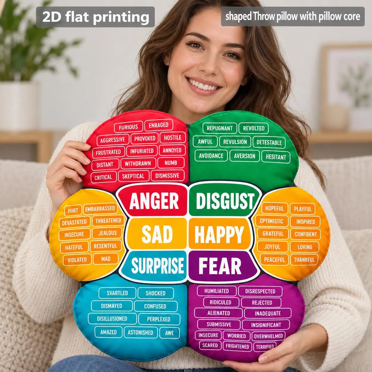 Emotion Wheel Shaped Throw Pillow with Pillow Core Polyester Two Sided Print Decorative Cushion for Sofa Bedroom