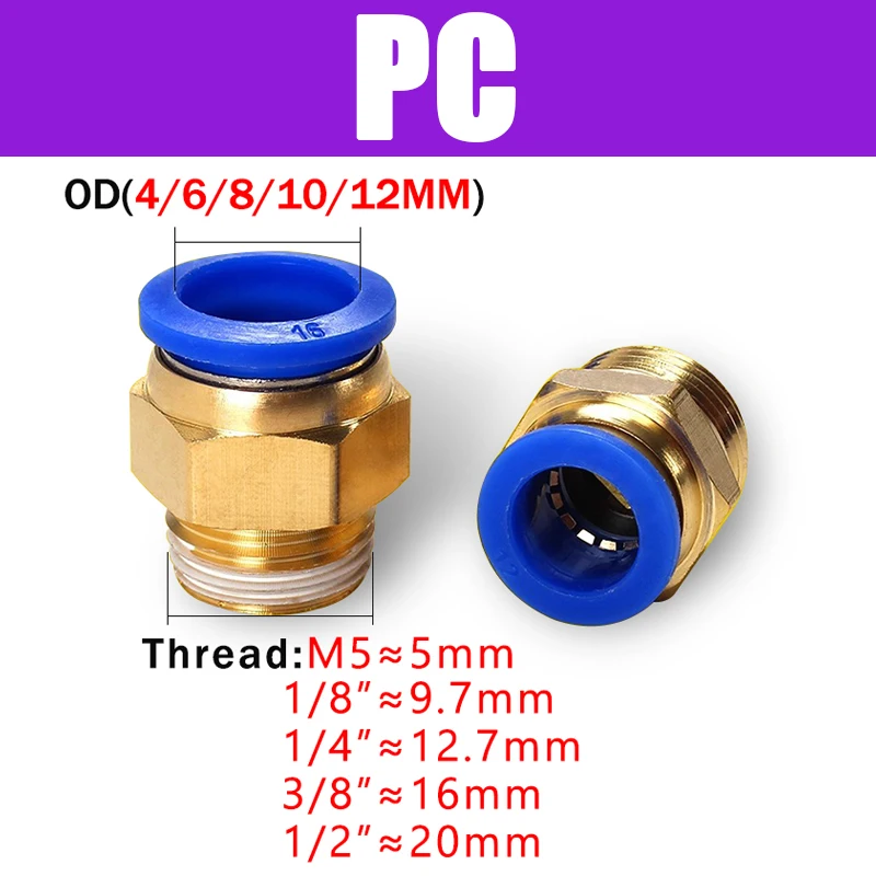 Connecteur rapide pneumatique Push-In, 4mm, 6mm, 8mm, 10mm, 12mm, tuyau, raccord d'air, filetage de tuyau, PC, PCF, SL, PL, PB, Béventuelles T, 1/8, 1/4, 3/8, 1/2