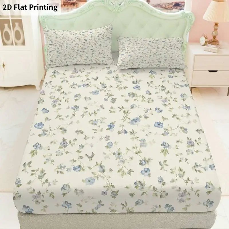 3Pcs Florallilac Fitted Sheet Three Piece Set (1*Fitted Sheet + 2*Pillowcases, Coreless), Bedding Set.
